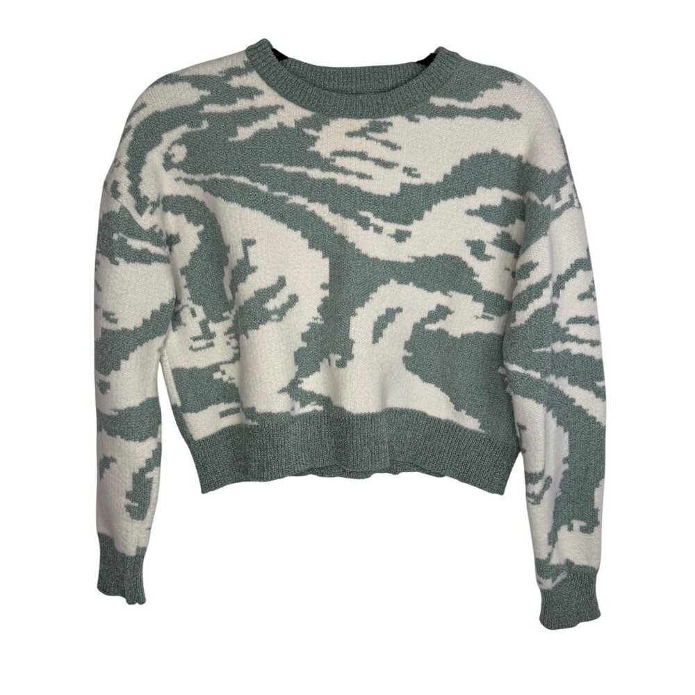 William Rast Abstract Crewneck Chunky Knit Cropped Sweater Green White Womens XS